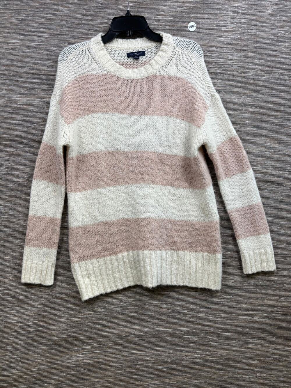 American Eagle Knit Sweater Womens M Striped Beige Crewneck Long Sleeve Casual